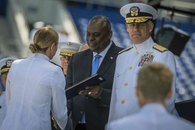 Secretary of Defense Lloyd J. Austin III at the U.S. Naval Academy graduation.