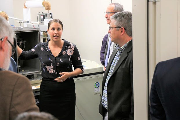 Biomechanical engineer Stephanie Warner describes the research capabilities of Naval Medical Research Unit-Dayton’s Sensors Laboratory housed at the Naval Aerospace Medical Research Laboratory.
