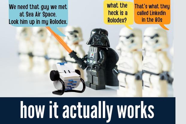 A Lego mini figure announces to storm troopers that he needs to use his rolodex. 
