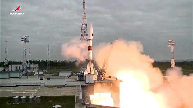 Russia's Soyuz-2.1b rocket with the moon lander Luna-25 takes off from a launch pad.