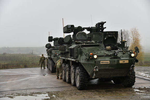 Stryker A1 vehicles equipped with Mobile Short Range Air Defense (M-SHORAD) systems at Oberdachstetten Training Area, Ansbach, Germany