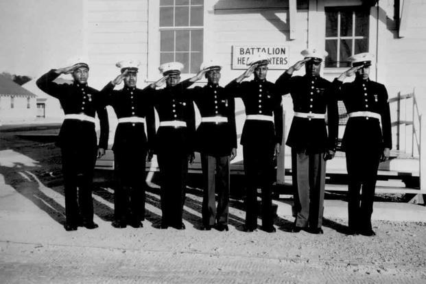 A group of Montford Point Marines in their dress uniforms, May 1943.