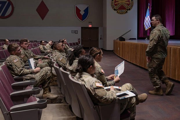Sgt. 1st Class William Rastellini discusses Sexual Harassment/Assault Response & Prevention (SHARP) during a training session at Fort Carson, Colorado.