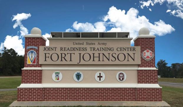 Fort Johnson sign is located at the corner of Highway 171 and Entrance Rd.