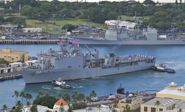 The amphibious dock landing ship USS Pearl Harbor (LSD 52) arrives in Pearl Harbor after completing the annual Pacific Partnership mission.