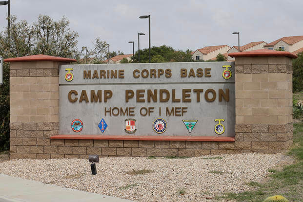The entrance to Marine Corps Base Camp Pendleton is seen in Oceanside, California. 