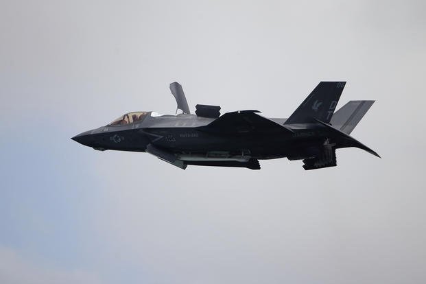 Marine Corps F-35B Lightning II takes part in an aerial display during the Singapore Airshow 2022