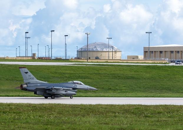 A U.S. Air Force F-16 Fighting Falcon assigned to the 36th Fighter Squadron, Osan Air Base, South Korea, prepare to takeoff July 26, 2017, at Andersen Air Force Base, Guam. 