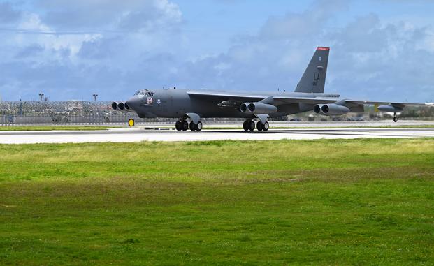 A U.S. Air Force B-52H Stratofortress assigned to the 20th Bomb Squadron at Barksdale Air Force Base, Louisiana taxis on the runway July 6, 2023, on Andersen Air Force Base, Guam.