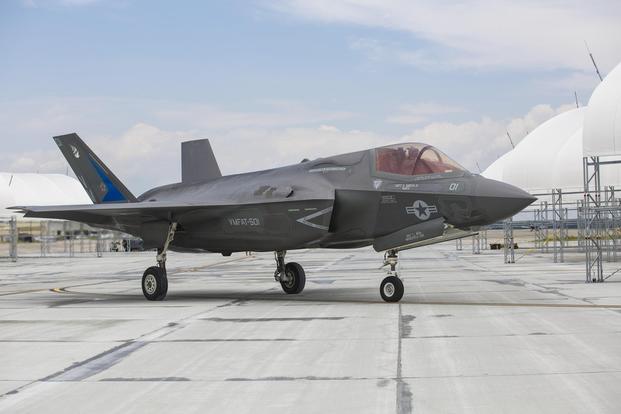 U.S. Marine Lt. Col. Joseph Bachmann, commanding officer, Marine Fighter Attack Training Squadron 501 (VMFAT-501), Marine Corps Air Station Beaufort, lands the first F-35B Lightning II Joint Strike Fighter that will call Marine Corps Air Station Beaufort, S.C., home, July 17, 2014. 