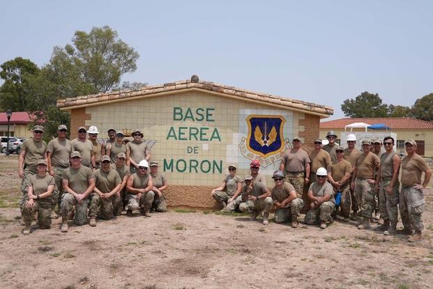 152nd Civil Engineer Squadron members pose for a group photo during Deployment For Training at Moron Air Base, Spain June 29, 2023.