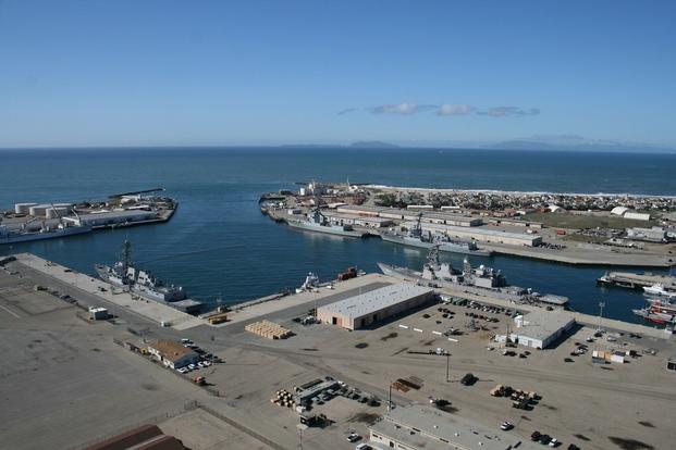 An aerial view of the Southwest portion of the Naval Base Ventura County deep water port.