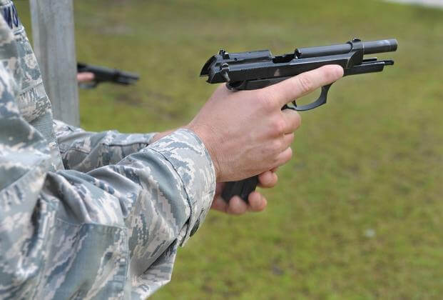 Master Sgt. Chris Moffett, 628th Civil Engineer Squadron heavy repair superintendent, loads his weapon during a shooting competition at Joint Base Charleston Weapons Station, S.C., May 18, 2017.
