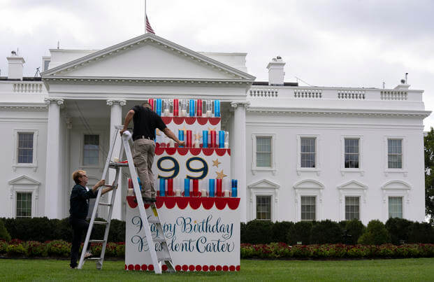 A wooden cake is put on display at the White House for former President Jimmy Carter's birthday.