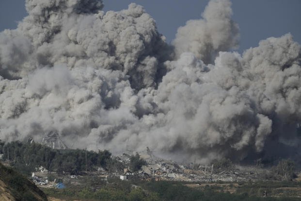 Smoke rises after an Israeli strike on the Gaza Strip
