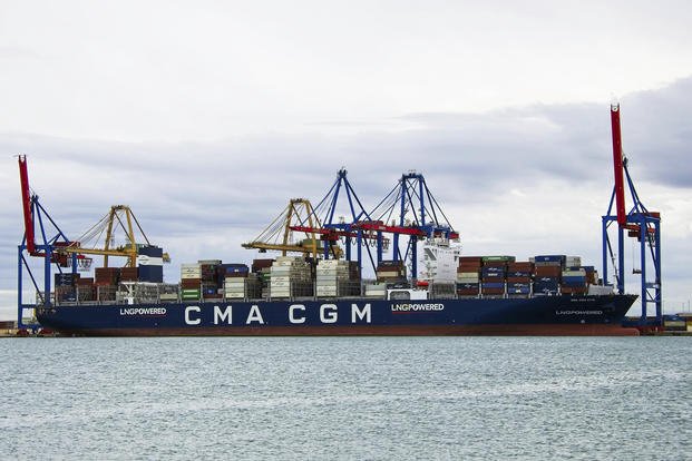 The CMA CGM Symi is seen at port in Valencia, Spain.