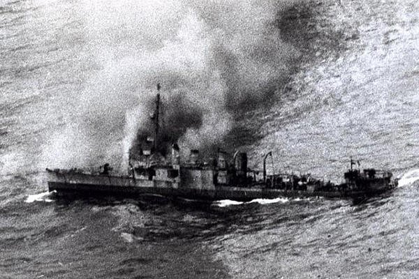 The naval destroyer USS Borie sinks in the North Atlantic on Nov. 2, 1943, after being heavily damaged in a battle with a German submarine, U-405, the previous night. 