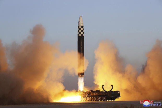 The North Korean government says this photo is an intercontinental ballistic missile.