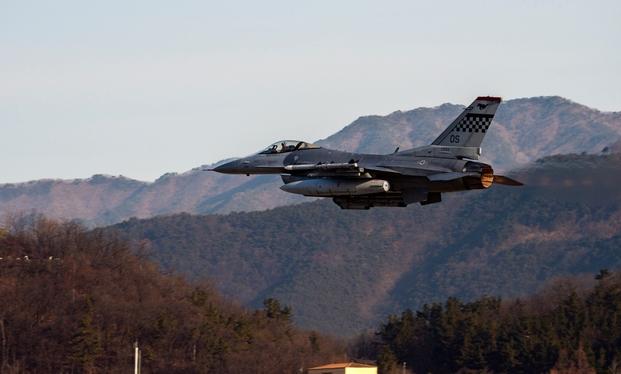 A U.S. Air Force F-16 Fighting Falcon, 36th Fighter Squadron, takes off during a training event at Daegu Air Base, Republic of Korea, Jan. 31, 2023. 