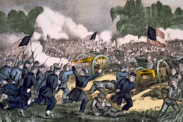 This lithograph by Nathaniel Currier and James Merritt Ives depicts the Battle of Gettysburg on July 3, 1863. 