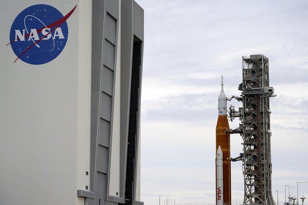 The NASA moon rocket rolls back to the Vehicle Assembly Building at the Kennedy Space Center