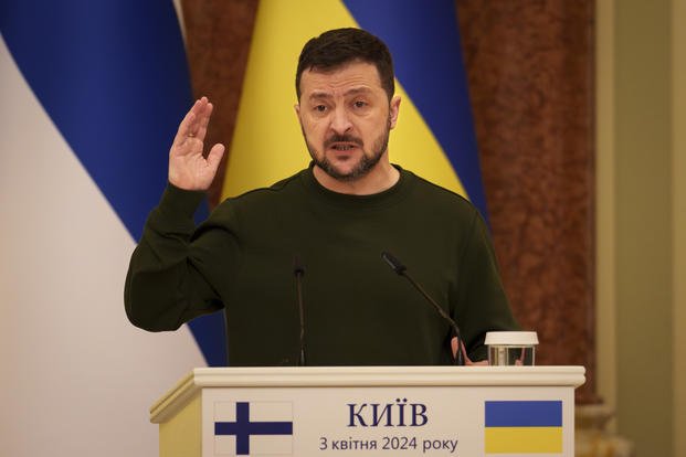 Ukraine's President Volodymyr Zelenskyy gestures during a press conference in Kyiv, Ukraine