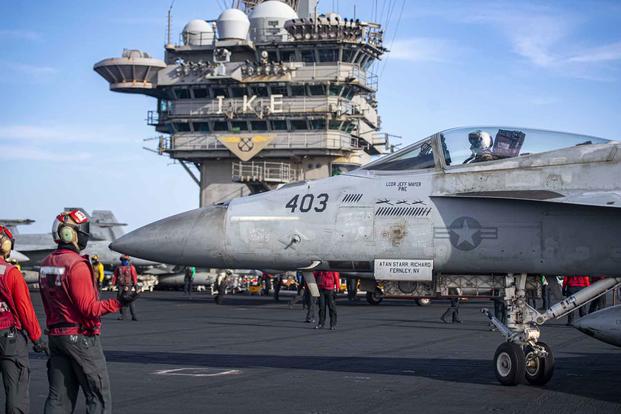 Aviation ordnancemen inspect F/A-18E aboard the USS Eisenhower