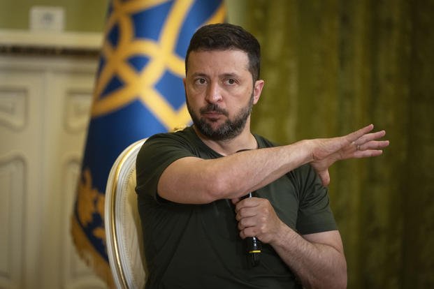 Ukrainian President Volodymyr Zelenskyy gestures during a press conference in Kyiv, Ukraine