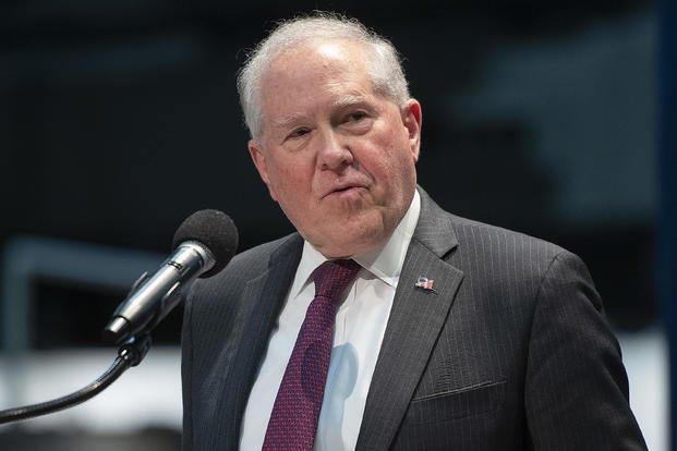 Secretary of the Air Force Frank Kendall speaks at the Air Force Institute of Technology graduation ceremony in the National Museum of the U.S. Air Force at Wright-Patterson Air Force Base, Ohio.