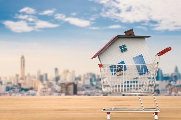 A house sits at an angle in a grocery cart it doesn't quite fit inside, with a blurred cityscape in the background.