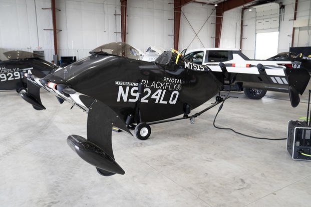 Pivotal’s BlackFly electric vertical take-off and landing, or eVTOL, aircraft is in a hangar at Springfield-Beckley Airport, Ohio