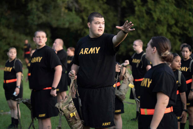 Students gather during physical training exercises in the new Army prep course at Fort Jackson.