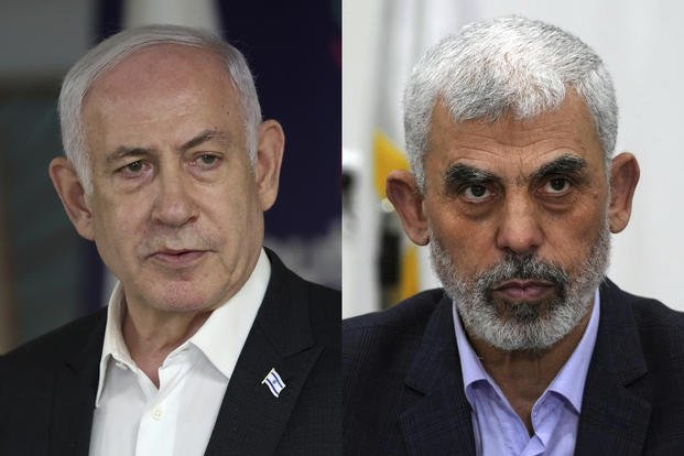 Israeli Prime Minister Benjamin Netanyahu, left, in Ramat Gan, Israel and Hamas leader Yahya Sinwar