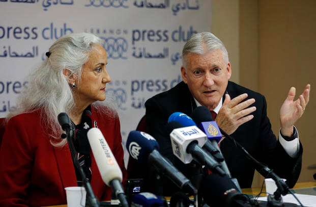 Marc and Debra Tice, the parents of Austin Tice, speak during a press conference, at the Press Club, in Beirut, Lebanon