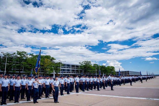 U.S. Air Force Academy cadets form ranks and prepare to march towards Mitchell Hall