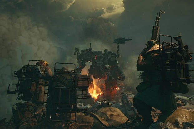 The game features some drool-worthy mechs, helicopters and other machines, but the player is carrying a rifle, a shotgun and an oversized rucksack. 