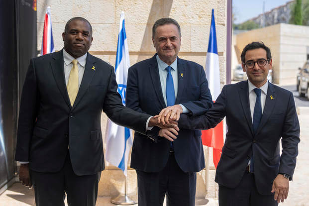 Britain's Foreign Secretary David Lammy, French Foreign Minister Stéphane Séjourné and Israeli Minister of Foreign Affairs Israel Katz