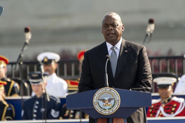 Defense Secretary Lloyd Austin speaks during a Sept. 11 observance ceremony at the Pentagon