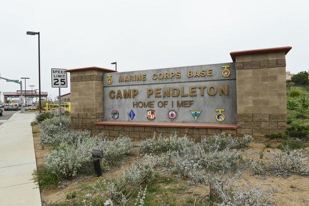 Camp Pendleton Marine Corps Base sign outside the main gate of the base