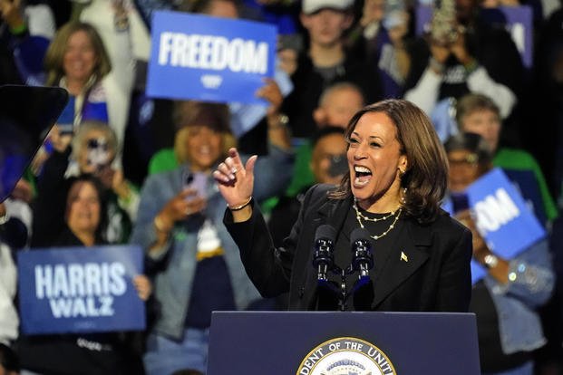 Democratic presidential nominee Vice President Kamala Harris speaks during a campaign rally at Erie Insurance Arena