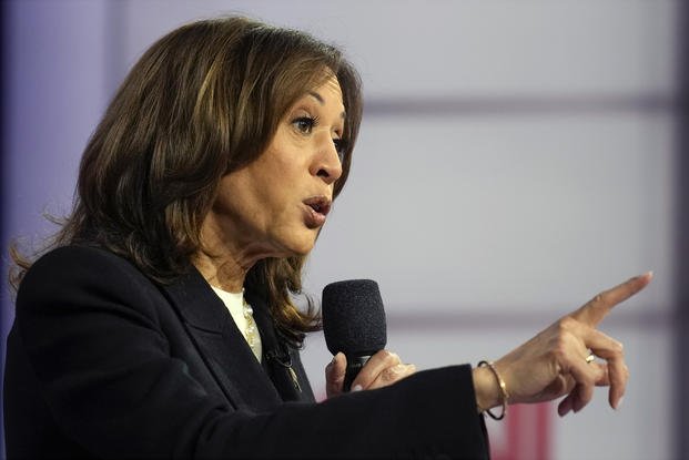 Democratic presidential nominee Vice President Kamala Harris speaks during a CNN town hall in Aston, Pa.