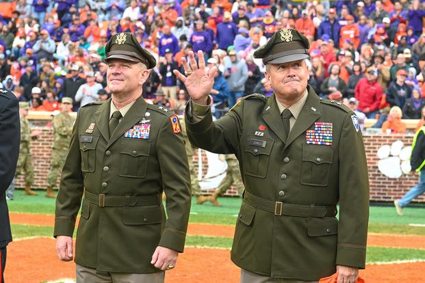 U.S. Army Maj. Gen. Jeff Jones and retired Maj. Gen. Brad Owens of the South Carolina Army National Guard appear in Clemson University’s Memorial Stadium for military appreciation day. 