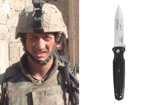 Left: Medal of Honor recipient Army Staff Sgt. David Bellavia in Iraq in 2004. Right: a Gerber Rex Applegate folding knife. 