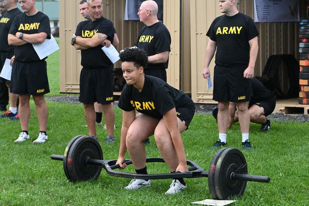 A soldier takes an Army Combat Fitness Test at Strickler Field at Fort Indiantown Gap, Pennsylvania.