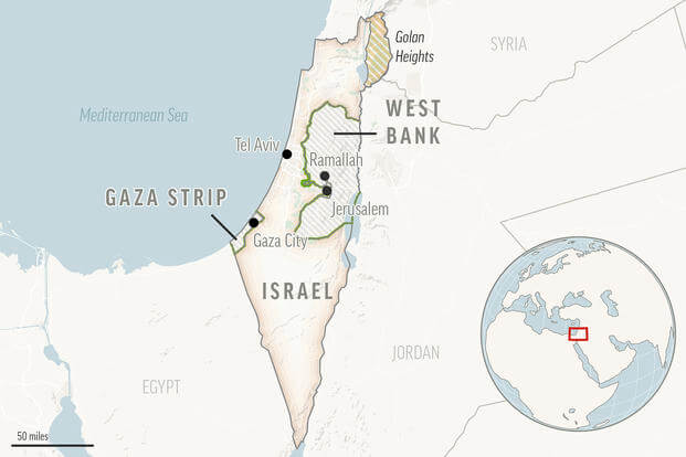 This is a locator map of Israel and the Palestinian Territories.