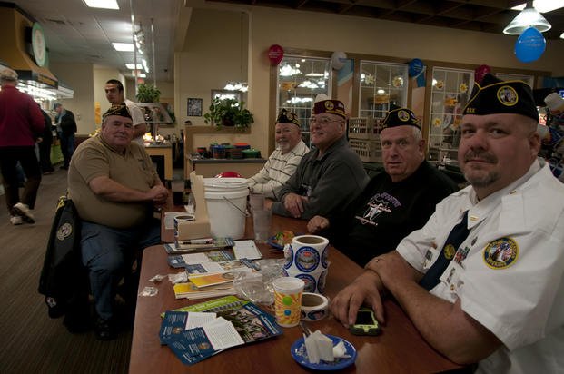 Five members of Chapter 40, of Indiana Disabled American Veterans, attend a fundraising event at Golden Corral, in Fort Wayne, Ind., Nov. 9, 2013.