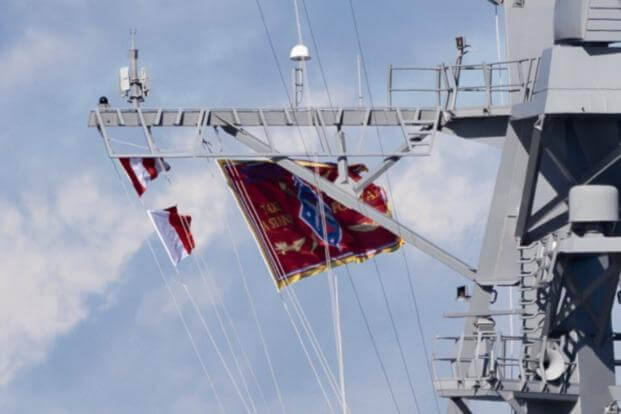 The future Arleigh Burke-class guided missile destroyer USS John Basilone heads out of Bath, Maine, on Nov. 1, 2024.