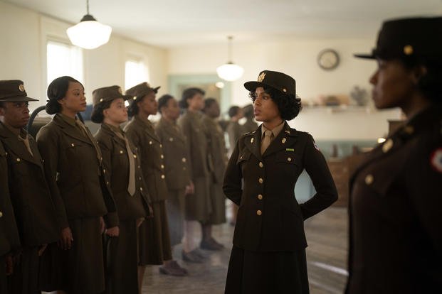 Kerry Washington as Capt. Charity Adams greeting new recruits to the Women's Army Corps.