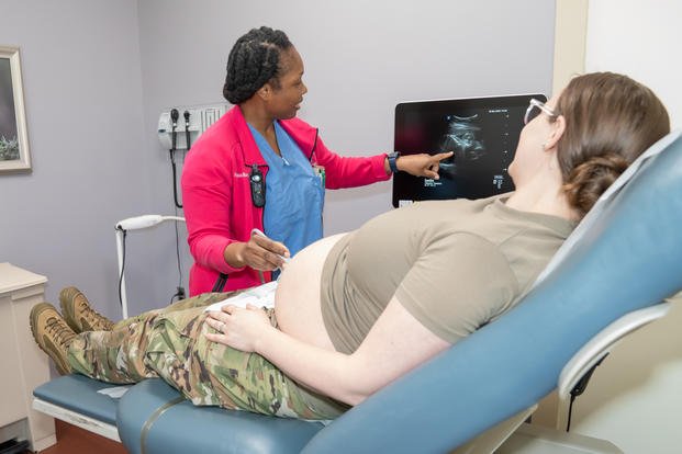 Lt. Col. Francesca Desriviere, a certified nurse midwife at Martin Army Community Hospital at Fort Benning, Georgia, conducts an abdominal ultrasound during a routine obstetrics appointment on March 29, 2023.