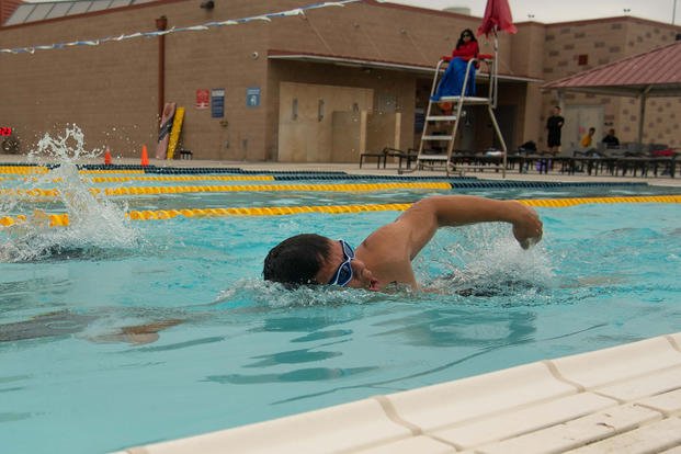 Mass Communication Specialist 2nd Class Micah Malala swims during his Physical Screening Test on Naval Air Station North Island.